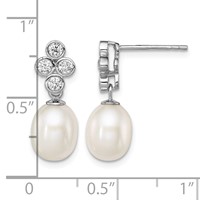 Sterling Silver Rhodium-plated 7-8mm White Rice Freshwater Cultured Pearl and CZ Post Dangle Earrings view 4