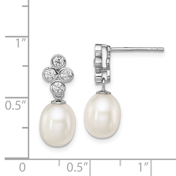 Sterling Silver Rhodium-plated 7-8mm White Rice Freshwater Cultured Pearl and CZ Post Dangle Earrings
