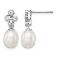 Sterling Silver Rhodium-plated 7-8mm White Rice Freshwater Cultured Pearl and CZ Post Dangle Earrings view 1