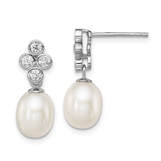 Sterling Silver Rhodium-plated 7-8mm White Rice Freshwater Cultured Pearl and CZ Post Dangle Earrings