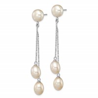Sterling Silver Rhodium-plated 6-9mm White Rice and Button Freshwater Cultured 3-Pearl Post Dangle Earrings view 2