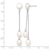 Sterling Silver Rhodium-plated 6-9mm White Rice and Button Freshwater Cultured 3-Pearl Post Dangle Earrings view 4