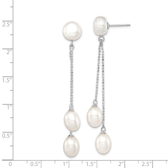 Sterling Silver Rhodium-plated 6-9mm White Rice and Button Freshwater Cultured 3-Pearl Post Dangle Earrings
