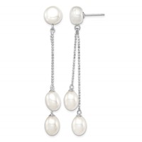 Sterling Silver Rhodium-plated 6-9mm White Rice and Button Freshwater Cultured 3-Pearl Post Dangle Earrings view 1