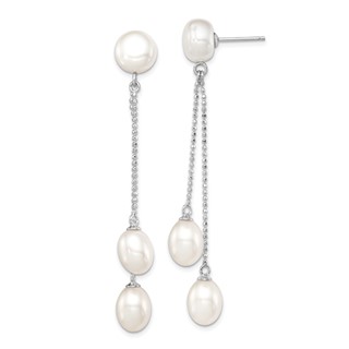Sterling Silver Rhodium-plated 6-9mm White Rice and Button Freshwater Cultured 3-Pearl Post Dangle Earrings