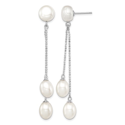 Sterling Silver Rhodium-plated 6-9mm White Rice and Button Freshwater Cultured 3-Pearl Post Dangle Earrings