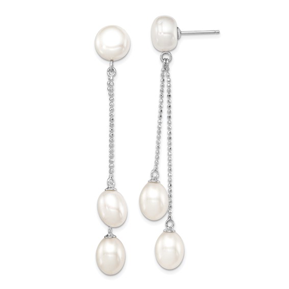 Sterling Silver Rhodium-plated 6-9mm White Rice and Button Freshwater Cultured 3-Pearl Post Dangle Earrings