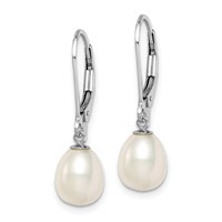 Sterling Silver Rhodium-plated 7-8mm White Teardrop Freshwater Cultured Pearl Leverback Dangle Earrings view 2