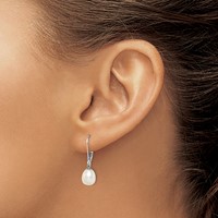 Sterling Silver Rhodium-plated 7-8mm White Teardrop Freshwater Cultured Pearl Leverback Dangle Earrings view 3