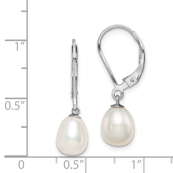 Sterling Silver Rhodium-plated 7-8mm White Teardrop Freshwater Cultured Pearl Leverback Dangle Earrings