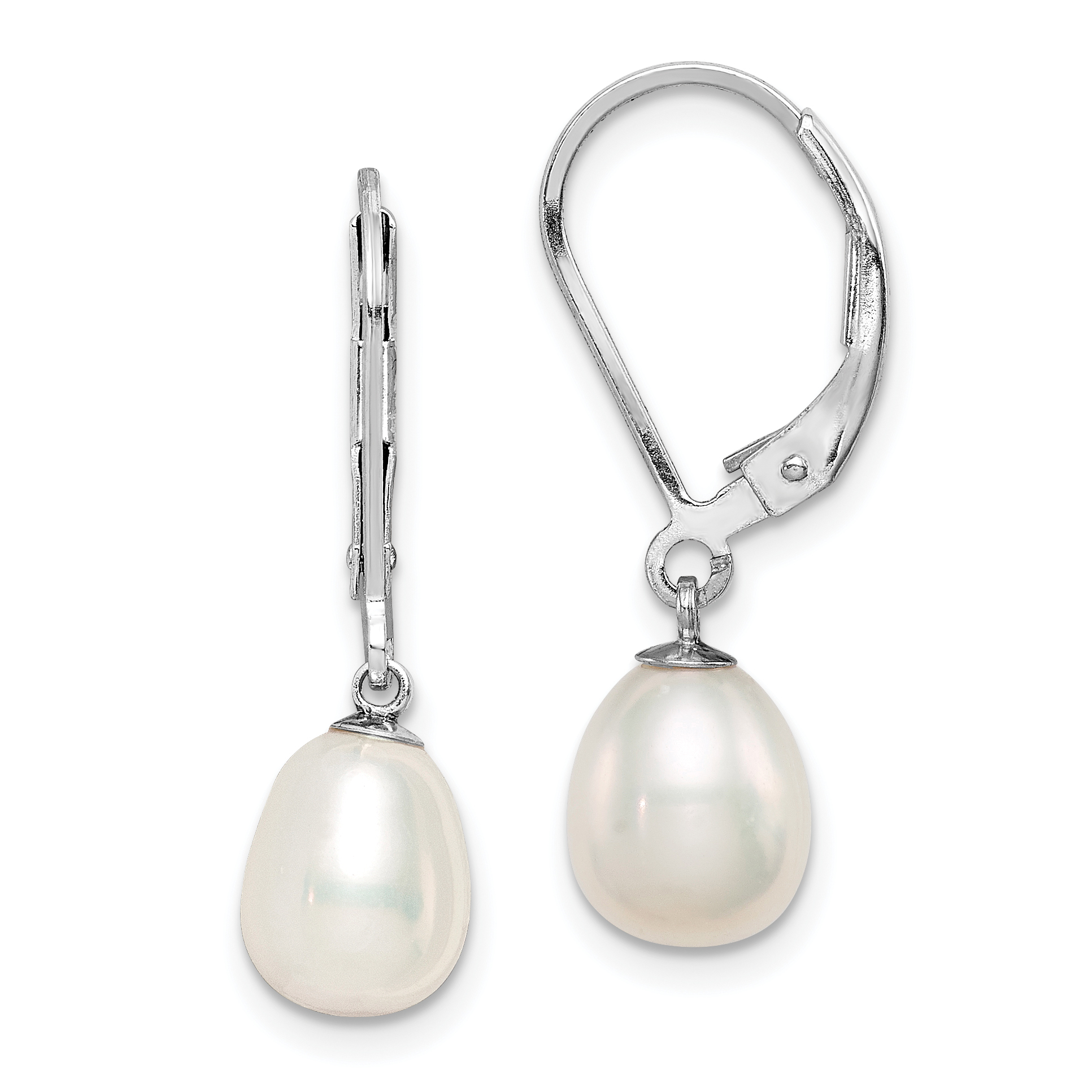 Sterling Silver Rhodium-plated 7-8mm White Teardrop Freshwater Cultured Pearl Leverback Dangle Earrings (QE12781)