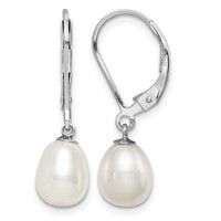 Sterling Silver Rhodium-plated 7-8mm White Teardrop Freshwater Cultured Pearl Leverback Dangle Earrings view 1
