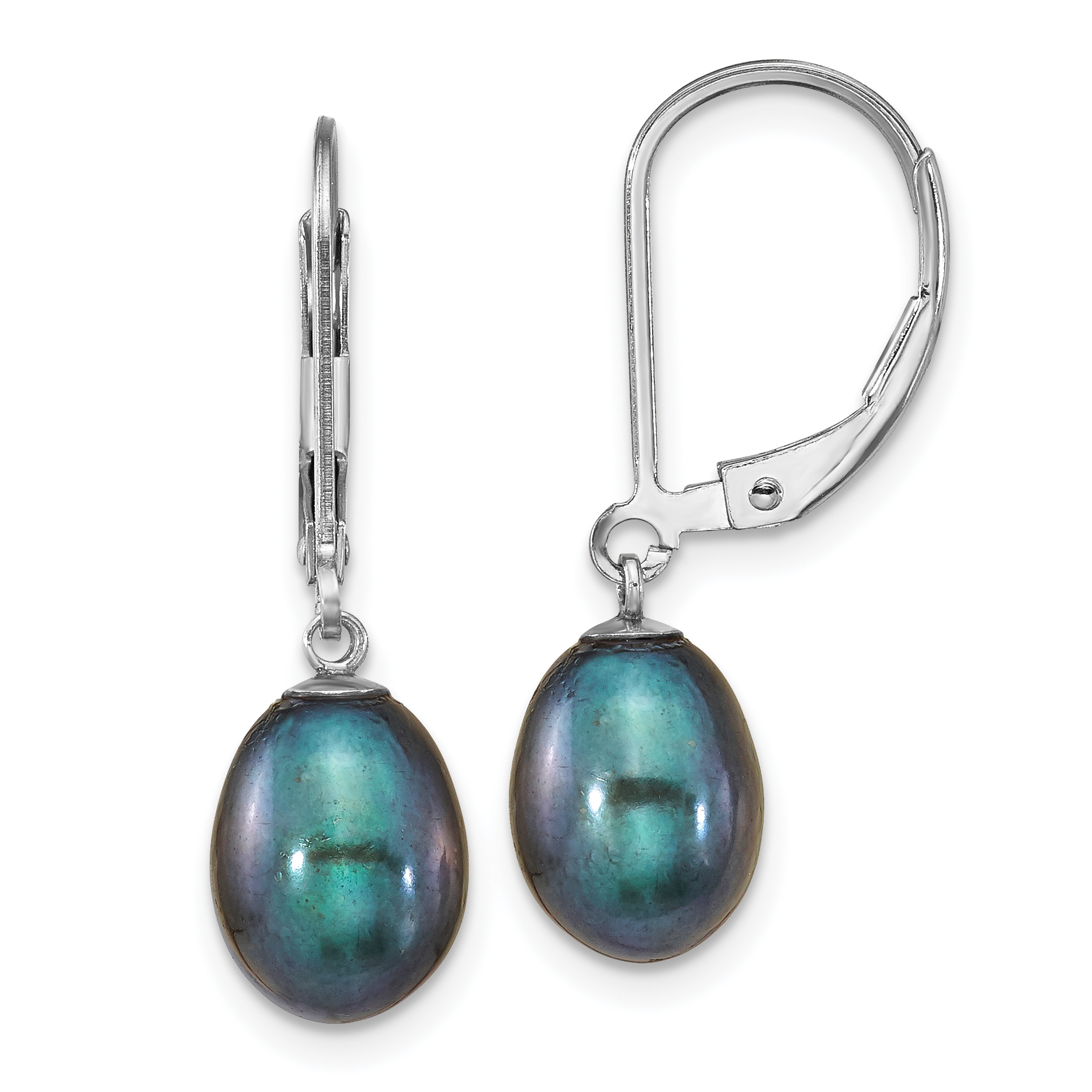 Sterling Silver Rhodium-plated 7-8mm Black Teardrop Freshwater Cultured Pearl Leverback Dangle Earrings (QE12781B)