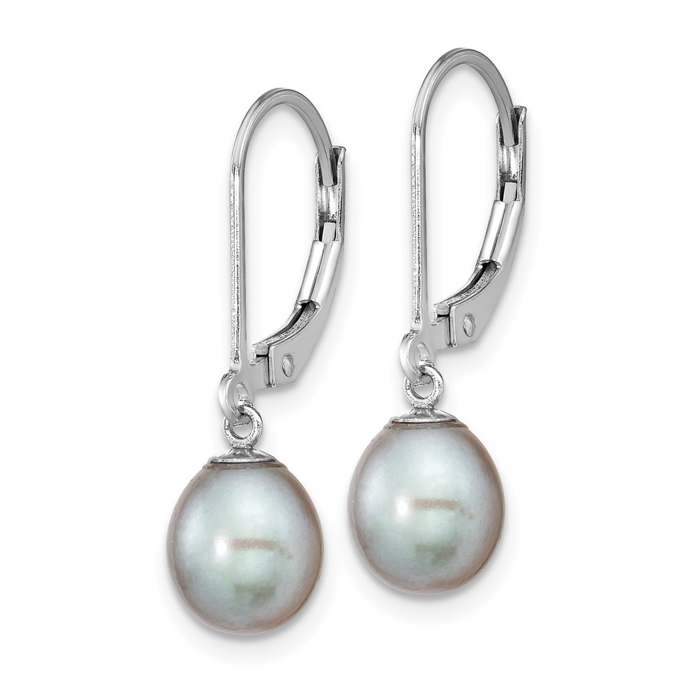 Sterling Silver Rhodium-plated 7-8mm Grey Teardrop Freshwater Cultured Pearl Leverback Dangle Earrings (QE12781G)