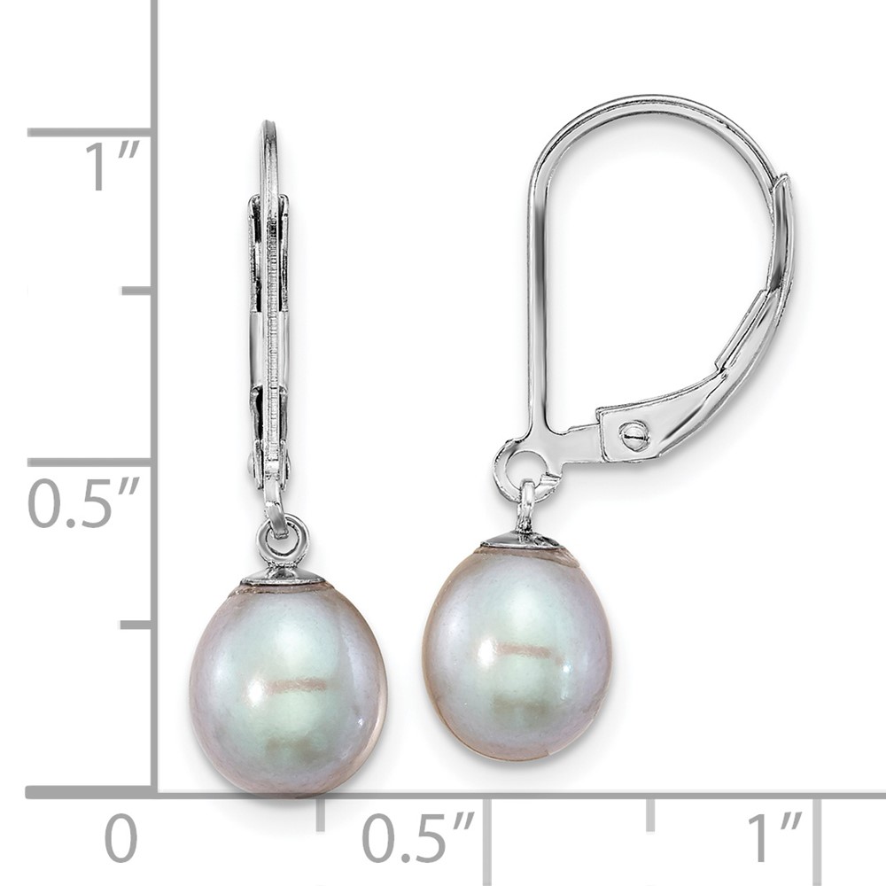Sterling Silver Rhodium-plated 7-8mm Grey Teardrop Freshwater Cultured Pearl Leverback Dangle Earrings (QE12781G)