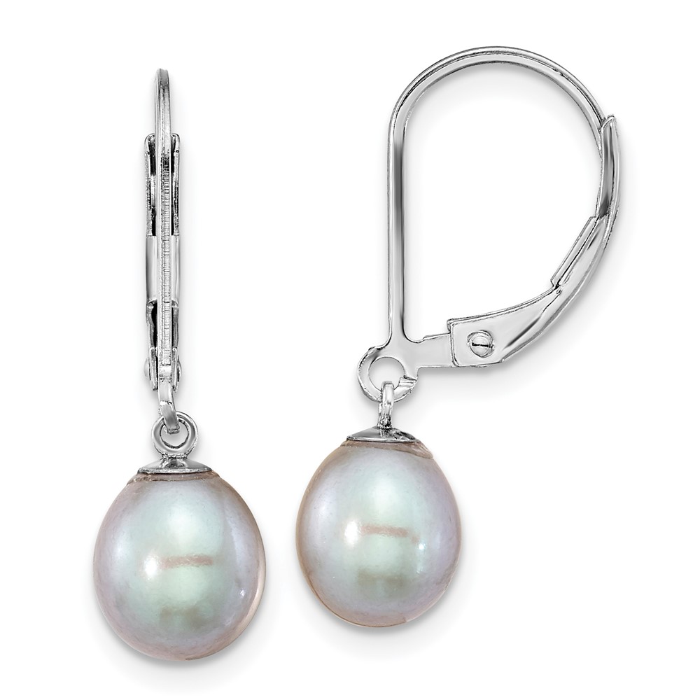 Sterling Silver Rhodium-plated 7-8mm Grey Teardrop Freshwater Cultured Pearl Leverback Dangle Earrings (QE12781G)