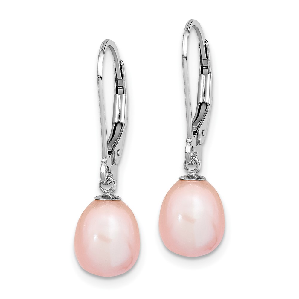 Sterling Silver Rhodium-plated 7-8mm Pink Teardrop Freshwater Cultured Pearl Leverback Dangle Earrings (QE12781P)