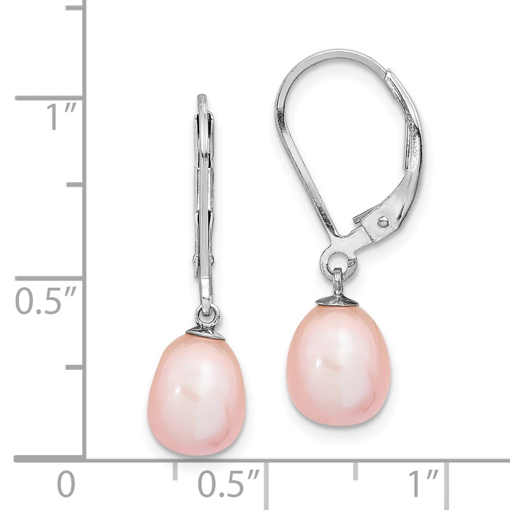 Sterling Silver Rhodium-plated 7-8mm Pink Teardrop Freshwater Cultured Pearl Leverback Dangle Earrings (QE12781P)