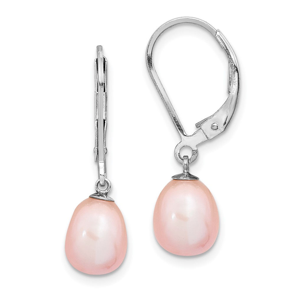 Sterling Silver Rhodium-plated 7-8mm Pink Teardrop Freshwater Cultured Pearl Leverback Dangle Earrings (QE12781P)