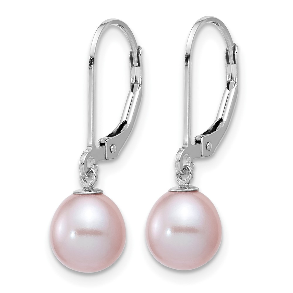 Sterling Silver Rhodium-plated 7-8mm Purple Teardrop Freshwater Cultured Pearl Leverback Dangle Earrings (QE12781PU)