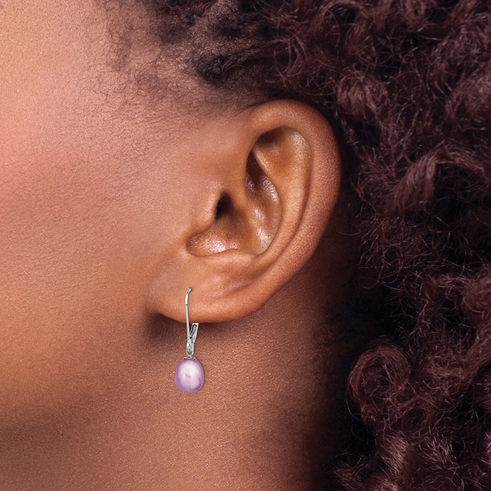 Sterling Silver Rhodium-plated 7-8mm Purple Teardrop Freshwater Cultured Pearl Leverback Dangle Earrings (QE12781PU)