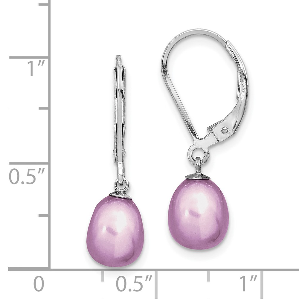 Sterling Silver Rhodium-plated 7-8mm Purple Teardrop Freshwater Cultured Pearl Leverback Dangle Earrings (QE12781PU)
