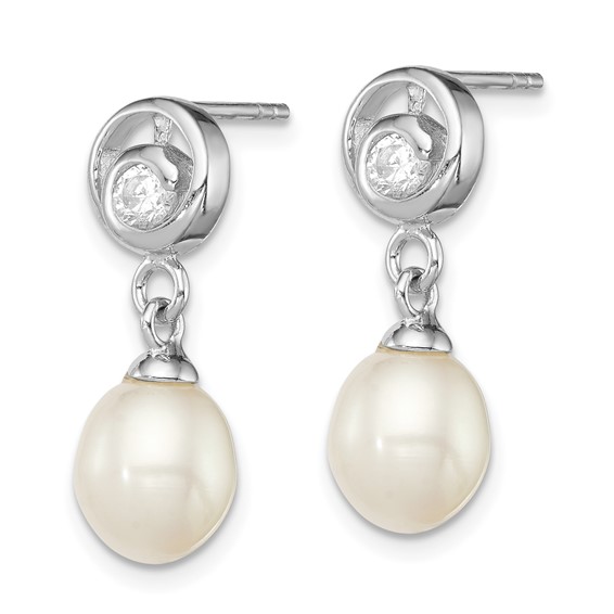 Sterling Silver Rhodium-plated 7-8mm White Rice Freshwater Cultured Pearl and CZ Post Dangle Earrings