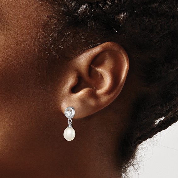 Sterling Silver Rhodium-plated 7-8mm White Rice Freshwater Cultured Pearl and CZ Post Dangle Earrings