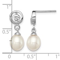 Sterling Silver Rhodium-plated 7-8mm White Rice Freshwater Cultured Pearl and CZ Post Dangle Earrings view 4