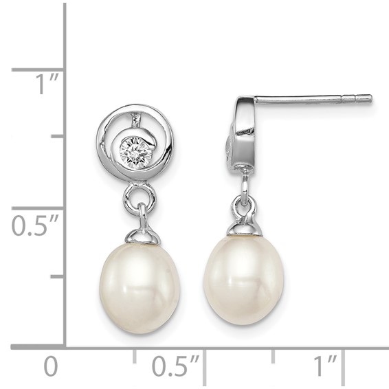 Sterling Silver Rhodium-plated 7-8mm White Rice Freshwater Cultured Pearl and CZ Post Dangle Earrings