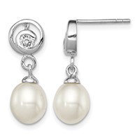 Sterling Silver Rhodium-plated 7-8mm White Rice Freshwater Cultured Pearl and CZ Post Dangle Earrings view 1