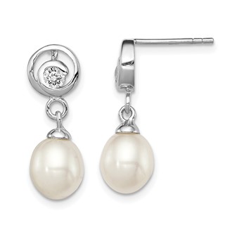 Sterling Silver Rhodium-plated 7-8mm White Rice Freshwater Cultured Pearl and CZ Post Dangle Earrings