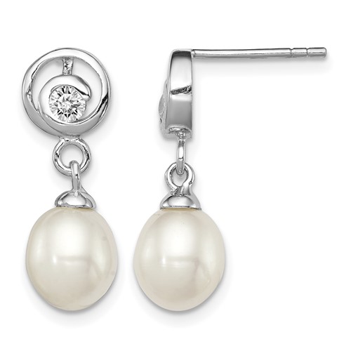 Sterling Silver Rhodium-plated 7-8mm White Rice Freshwater Cultured Pearl and CZ Post Dangle Earrings