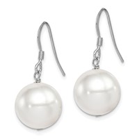 Sterling Silver Rhodium-plated 12-13mm White Round Shell Bead Dangle Earrings view 2