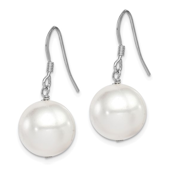 Sterling Silver Rhodium-plated 12-13mm White Round Shell Bead Dangle Earrings