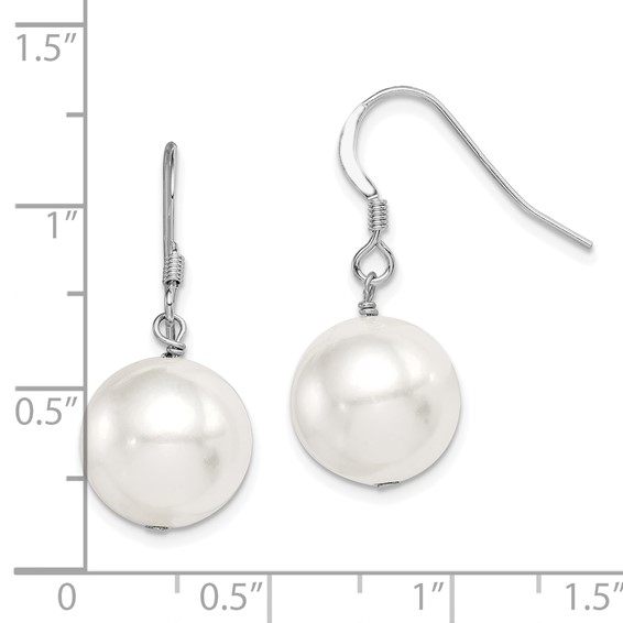 Sterling Silver Rhodium-plated 12-13mm White Round Shell Bead Dangle Earrings