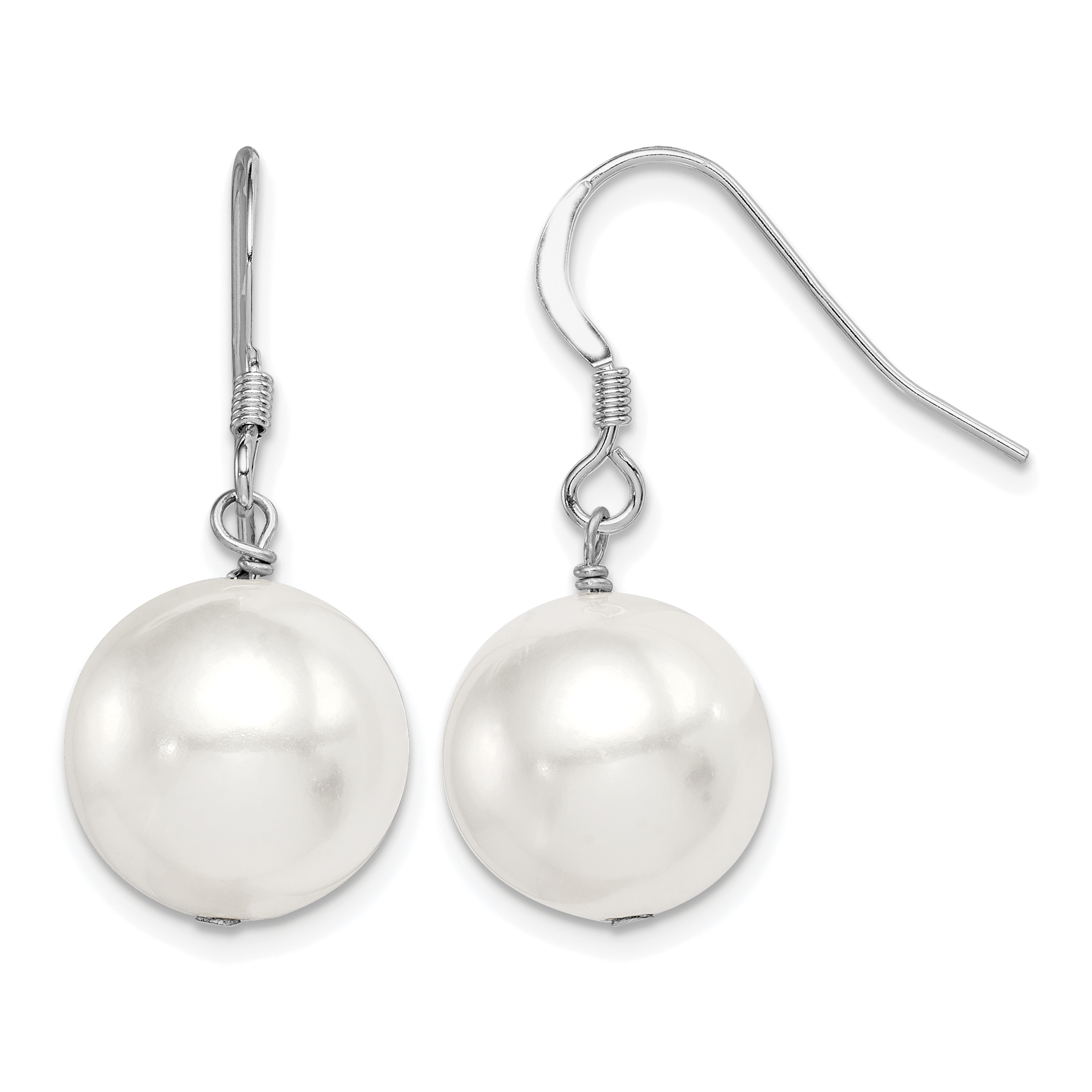 Sterling Silver Rhodium-plated 12-13mm White Round Shell Bead Dangle Earrings (QE12788)