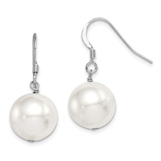 Sterling Silver Rhodium-plated 12-13mm White Round Shell Bead Dangle Earrings