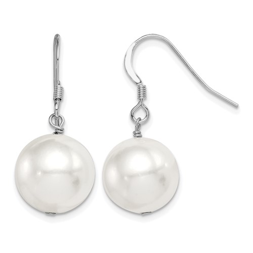 Sterling Silver Rhodium-plated 12-13mm White Round Shell Bead Dangle Earrings