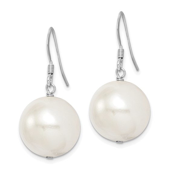 Sterling Silver Rhodium-plated 14-15mm White Round Shell Pearl Dangle Earrings