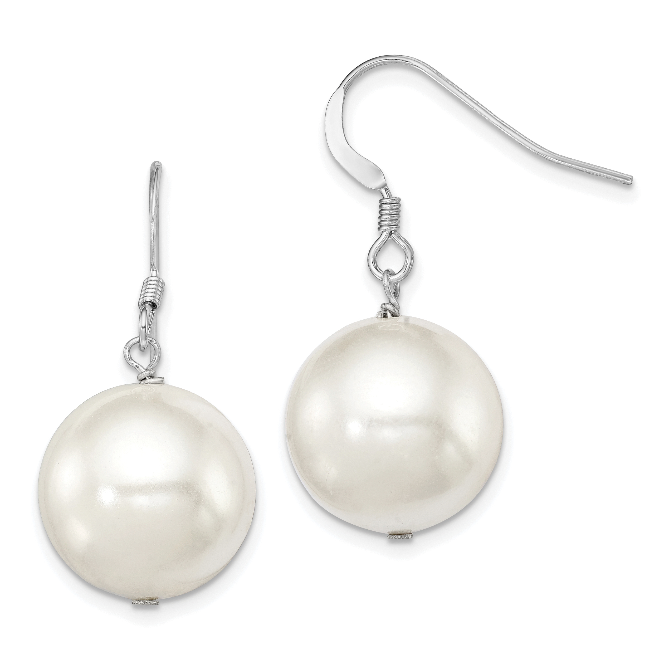 Sterling Silver Rhodium-plated 14-15mm White Round Shell Pearl Dangle Earrings (QE12789)