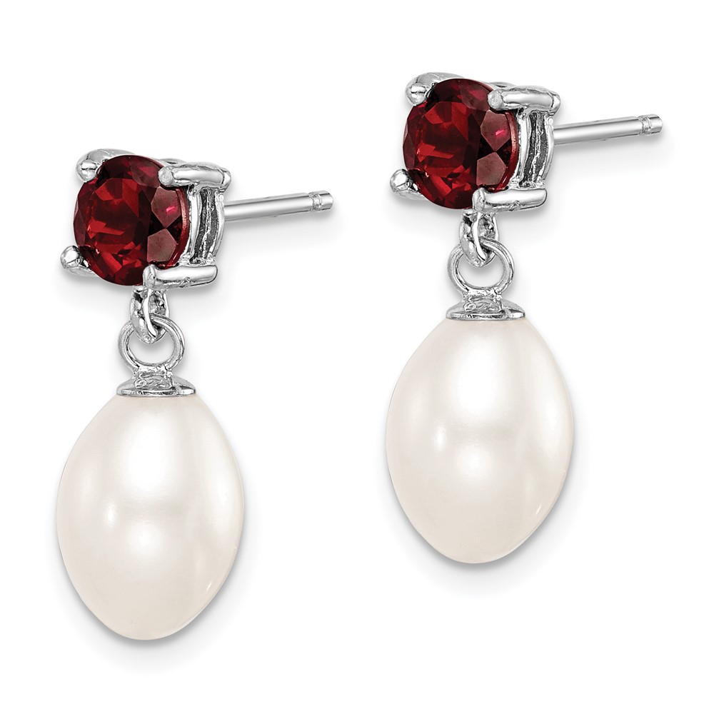 Sterling Silver Rhodium-plated 7-8mm White Teardrop Freshwater Cultured Pearl and 1.26GA Garnet Post Dangle Earrings (QE12791)