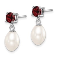 Sterling Silver Rhodium-plated 7-8mm White Teardrop Freshwater Cultured Pearl and 1.26GA Garnet Post Dangle Earrings view 2