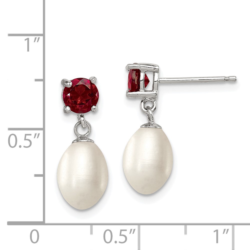 Sterling Silver Rhodium-plated 7-8mm White Teardrop Freshwater Cultured Pearl and 1.26GA Garnet Post Dangle Earrings (QE12791)