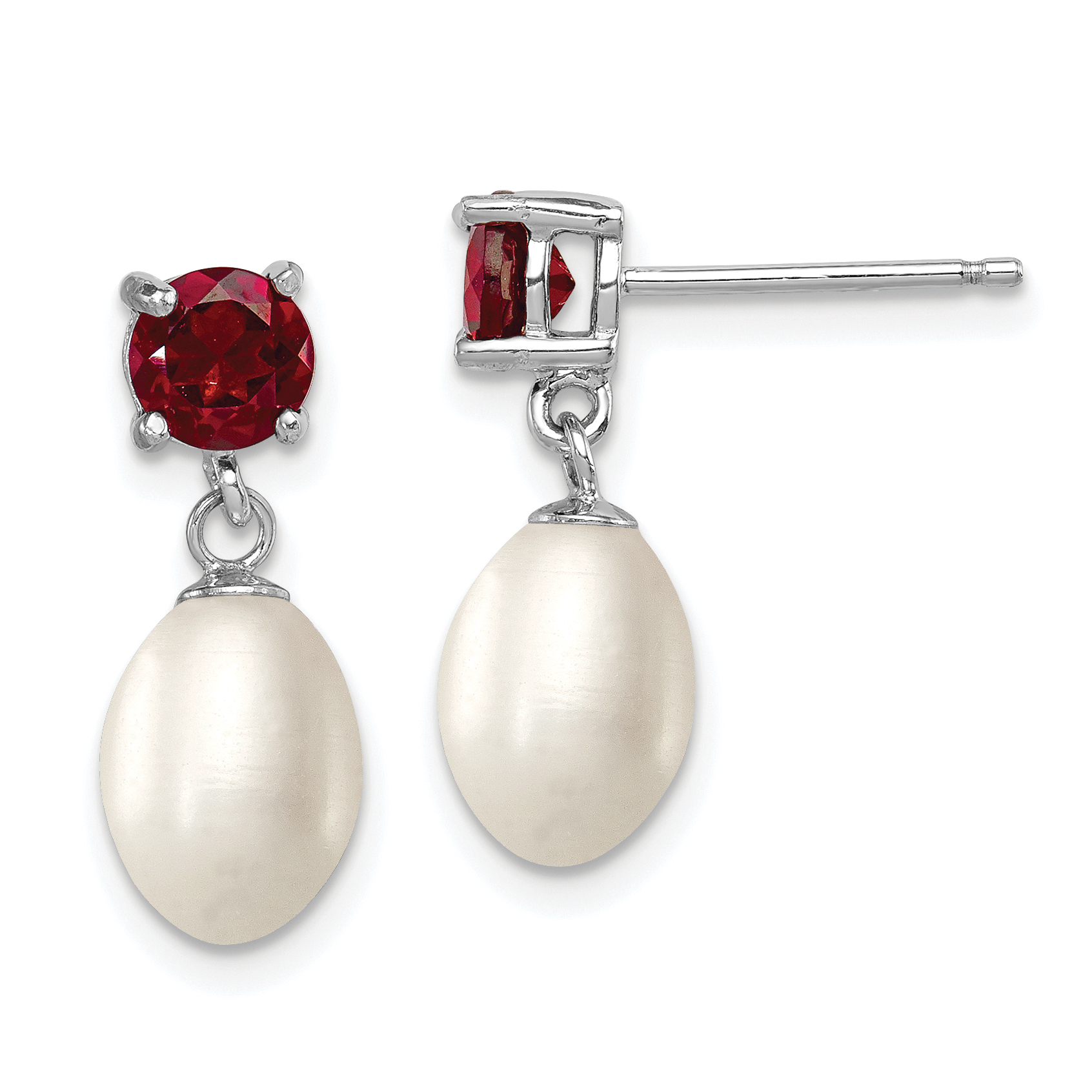 Sterling Silver Rhodium-plated 7-8mm White Teardrop Freshwater Cultured Pearl and 1.26GA Garnet Post Dangle Earrings (QE12791)