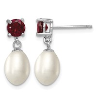 Sterling Silver Rhodium-plated 7-8mm White Teardrop Freshwater Cultured Pearl and 1.26GA Garnet Post Dangle Earrings view 1