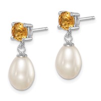 Sterling Silver Rhodium-plated 7-8mm White Teardrop Freshwater Cultured Pearl and.94CI Citrine Post Dangle Earrings view 2