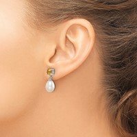 Sterling Silver Rhodium-plated 7-8mm White Teardrop Freshwater Cultured Pearl and.94CI Citrine Post Dangle Earrings view 3