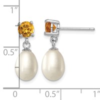 Sterling Silver Rhodium-plated 7-8mm White Teardrop Freshwater Cultured Pearl and.94CI Citrine Post Dangle Earrings view 4