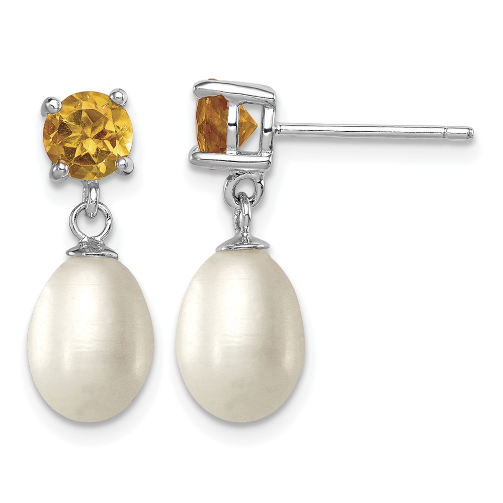 Sterling Silver Rhodium-plated 7-8mm White Teardrop Freshwater Cultured Pearl and.94CI Citrine Post Dangle Earrings